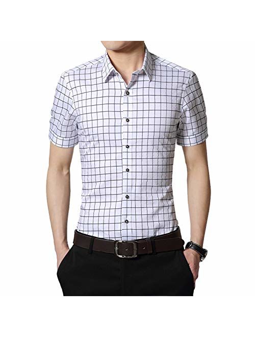 Anewsex Mens Cotton Dress Shirts Short Sleeve Plaid Pattern Business Formal Shirt Male Camisa Male