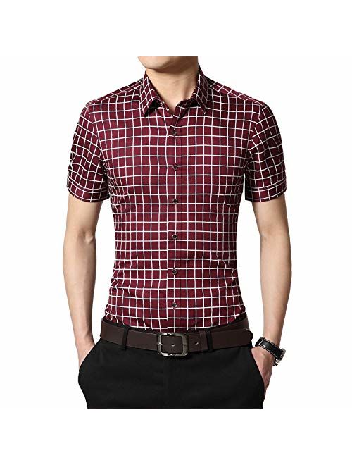 Anewsex Mens Cotton Dress Shirts Short Sleeve Plaid Pattern Business Formal Shirt Male Camisa Male