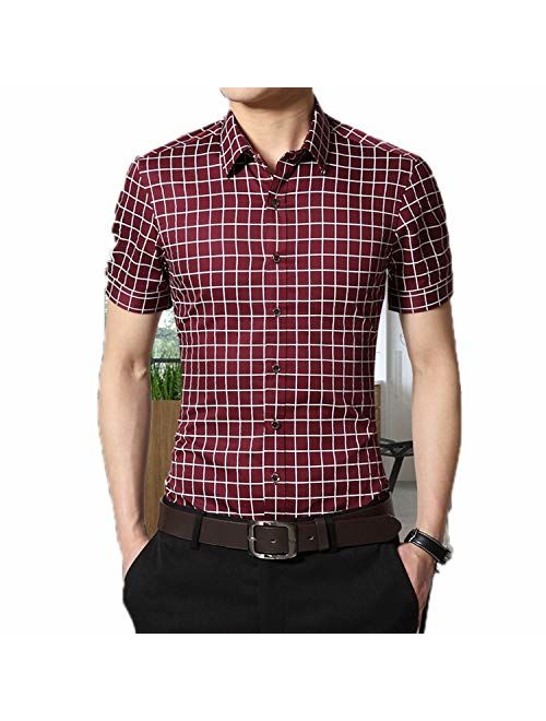 Anewsex Mens Cotton Dress Shirts Short Sleeve Plaid Pattern Business Formal Shirt Male Camisa Male