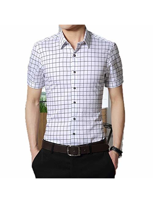 Anewsex Mens Cotton Dress Shirts Short Sleeve Plaid Pattern Business Formal Shirt Male Camisa Male