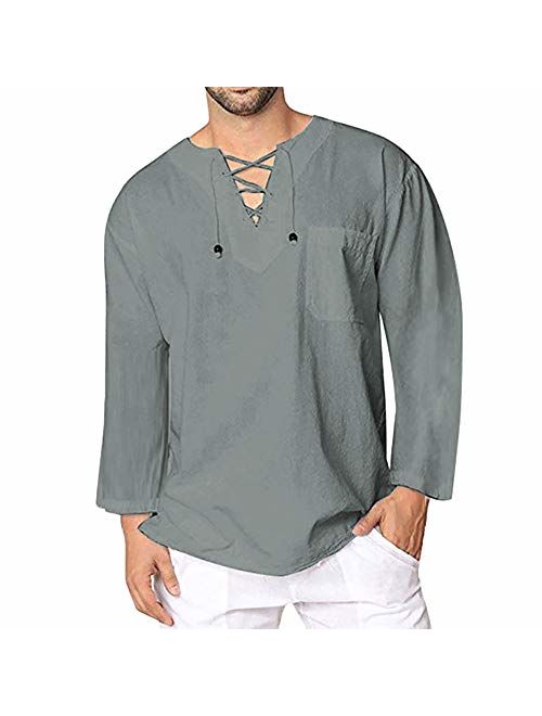 iOPQO Men's Pullover Tops, Winter Vintage Linen O Neck Loose Long Sleeve T-Shirt Blouse