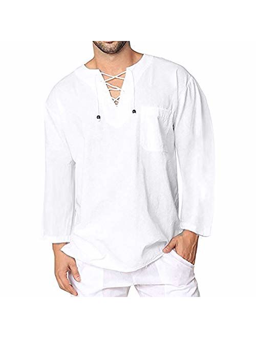 iOPQO Men's Pullover Tops, Winter Vintage Linen O Neck Loose Long Sleeve T-Shirt Blouse