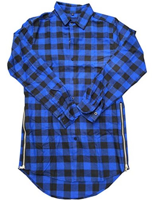 SWORLD-men Hip-hop Side Zipper Hi-Low Hem Long-Sleeve Long Plaid Shirt