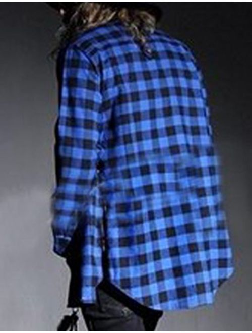 SWORLD-men Hip-hop Side Zipper Hi-Low Hem Long-Sleeve Long Plaid Shirt