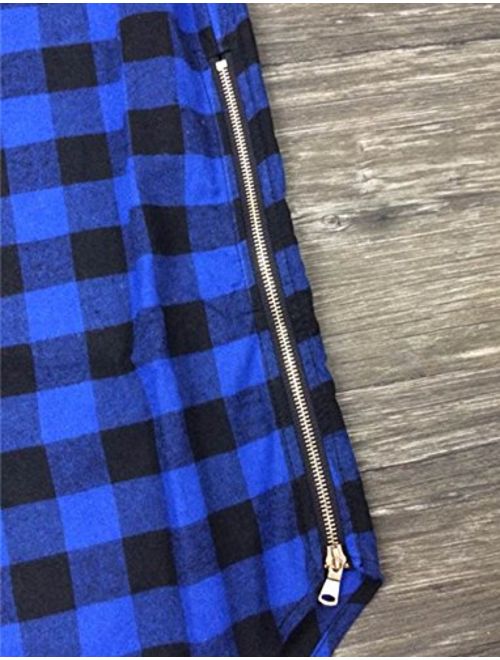 SWORLD-men Hip-hop Side Zipper Hi-Low Hem Long-Sleeve Long Plaid Shirt