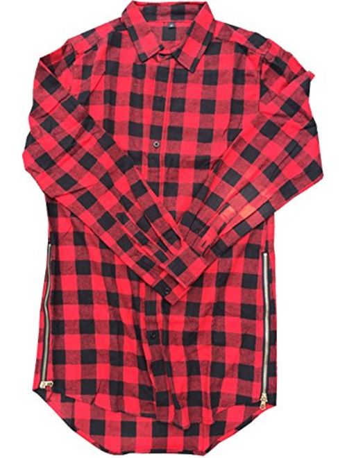 SWORLD-men Hip-hop Side Zipper Hi-Low Hem Long-Sleeve Long Plaid Shirt