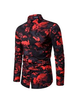 Holzkary Men's Standard-Fit Long-Sleeve Shirt Hipster Print Turn-Down Collar Button Down Shirts Tops