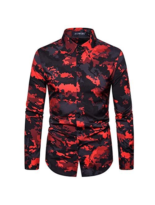 Holzkary Men's Standard-Fit Long-Sleeve Shirt Hipster Print Turn-Down Collar Button Down Shirts Tops