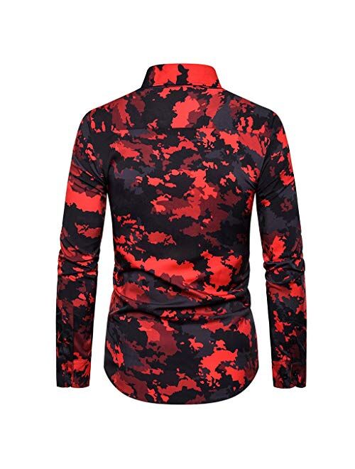 Holzkary Men's Standard-Fit Long-Sleeve Shirt Hipster Print Turn-Down Collar Button Down Shirts Tops