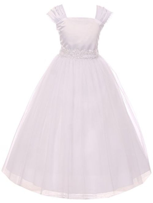 Flower Girl Cap Sleeved Big Girls' White Dress First Holy Communion