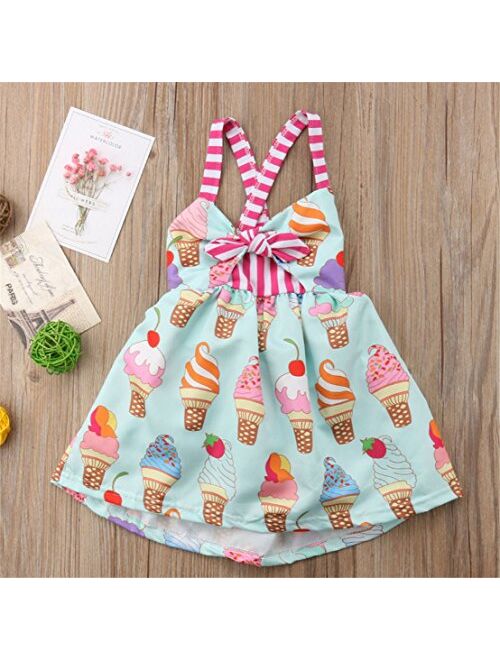 Toddler Girls Summer Ice Cream Print Princess Dress Strap Backless Dress