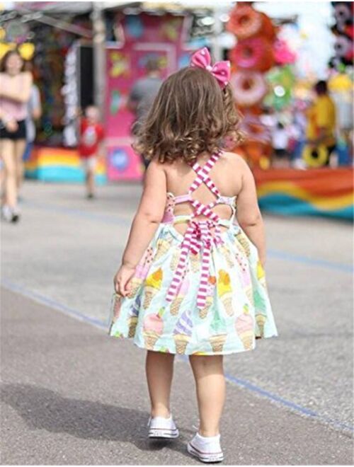 Toddler Girls Summer Ice Cream Print Princess Dress Strap Backless Dress