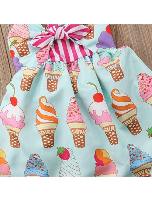 Toddler Girls Summer Ice Cream Print Princess Dress Strap Backless Dress