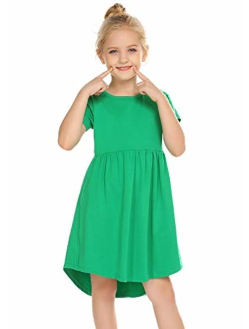 Arshiner Girl Cotton Short Sleeve A Line Skater Casual Twirly Casual Dress