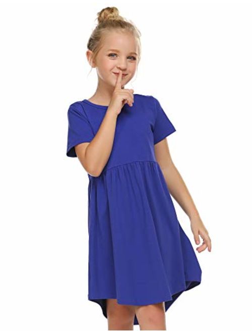 Arshiner Girl Cotton Short Sleeve A Line Skater Casual Twirly Casual Dress