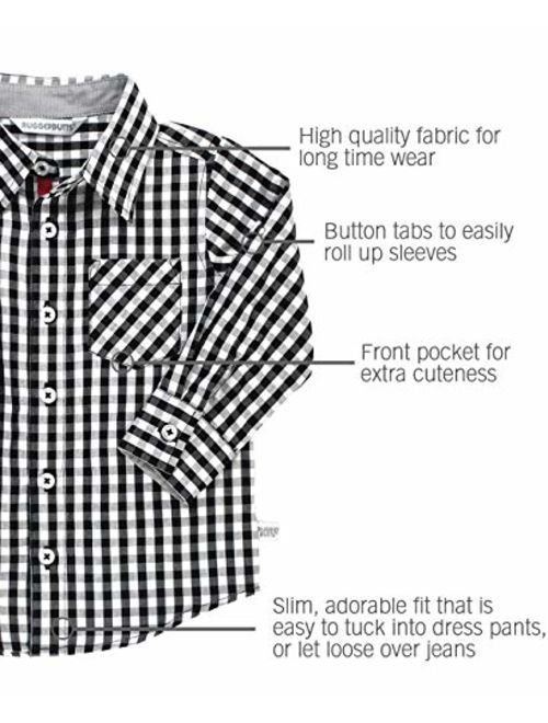 RuggedButts Boys Gingham Plaid Long Sleeve Button Down Shirt with Button Tabs