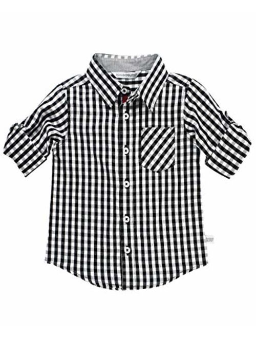 RuggedButts Boys Gingham Plaid Long Sleeve Button Down Shirt with Button Tabs