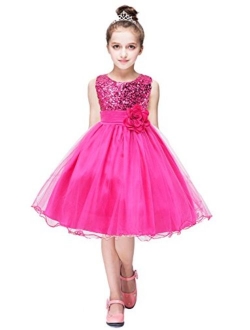 EFOFEI Girls Sleeveless Round Neck Sequin Party Tutu Tulle Prom Gown Formal Dress