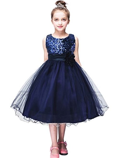 EFOFEI Girls Sleeveless Round Neck Sequin Party Tutu Tulle Prom Gown Formal Dress