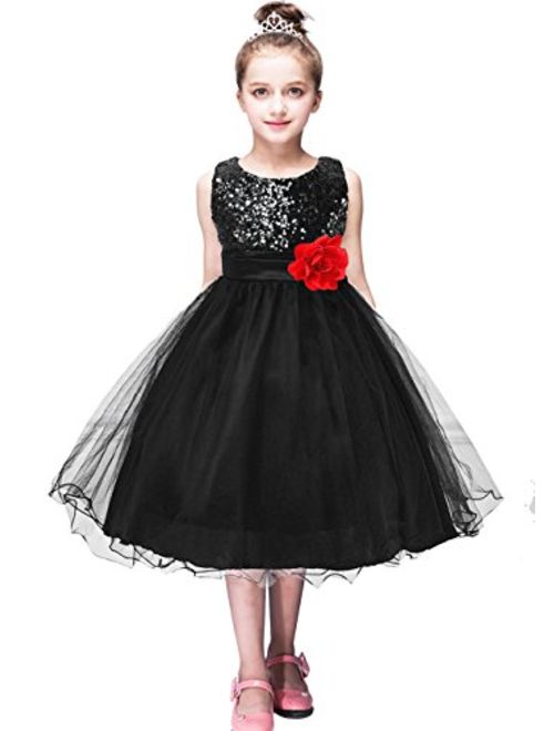 EFOFEI Girls Sleeveless Round Neck Sequin Party Tutu Tulle Prom Gown Formal Dress