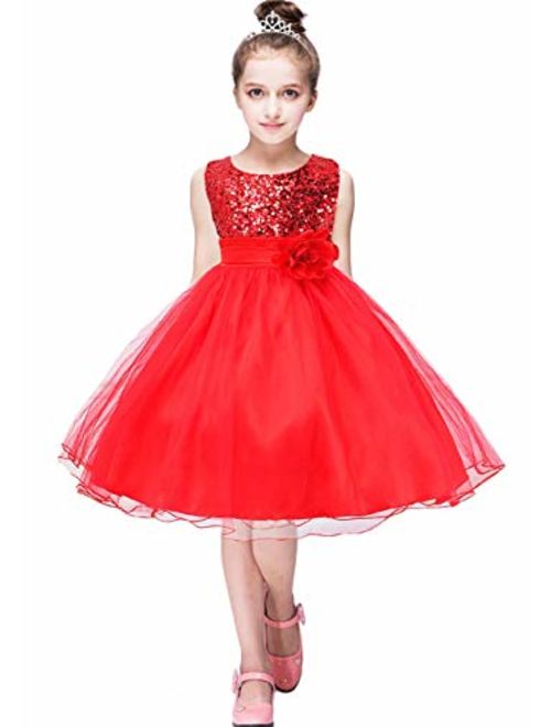 EFOFEI Girls Sleeveless Round Neck Sequin Party Tutu Tulle Prom Gown Formal Dress