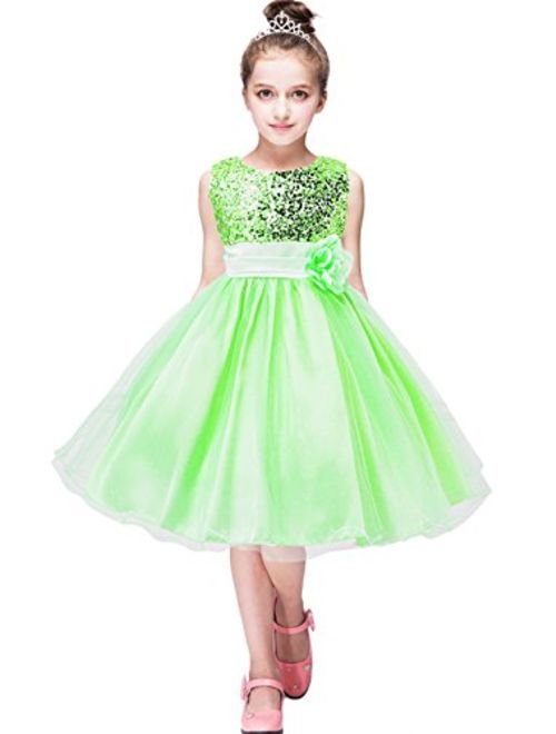 EFOFEI Girls Sleeveless Round Neck Sequin Party Tutu Tulle Prom Gown Formal Dress