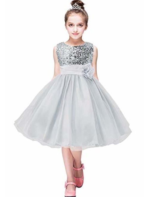 EFOFEI Girls Sleeveless Round Neck Sequin Party Tutu Tulle Prom Gown Formal Dress