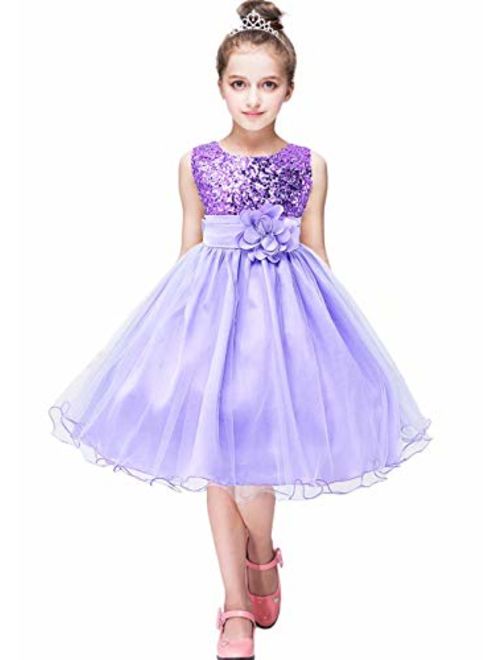 EFOFEI Girls Sleeveless Round Neck Sequin Party Tutu Tulle Prom Gown Formal Dress