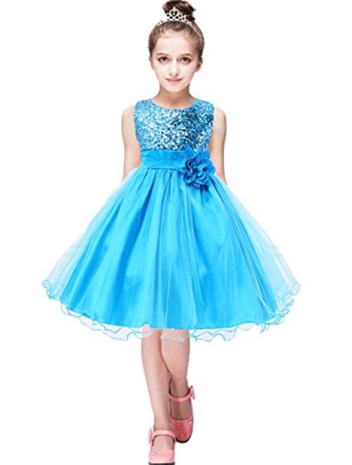 EFOFEI Girls Sleeveless Round Neck Sequin Party Tutu Tulle Prom Gown Formal Dress