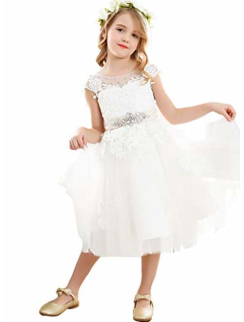 Bow Dream Vintage Lace Flower Embroidery Flower Girl Dress for Formal Wedding Baptism