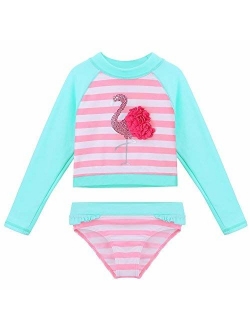 TFJH E Kids Girls Long Sleeve Swimsuit Two Piece UPF 50+ UV Rash Guard Suit Zipper 3-12 Y