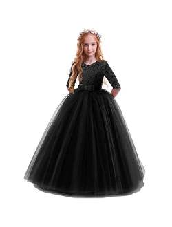 FYMNSI Flower Girls 3/4 Sleeve Lace Tulle Communion Pageant Dresses Princess Birthday Wedding Kids Prom Ball Gown