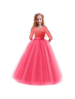 FYMNSI Flower Girls 3/4 Sleeve Lace Tulle Communion Pageant Dresses Princess Birthday Wedding Kids Prom Ball Gown