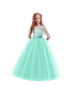 FYMNSI Flower Girls 3/4 Sleeve Lace Tulle Communion Pageant Dresses Princess Birthday Wedding Kids Prom Ball Gown