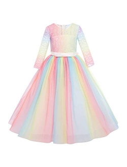 FYMNSI Flower Girls 3/4 Sleeve Lace Tulle Communion Pageant Dresses Princess Birthday Wedding Kids Prom Ball Gown