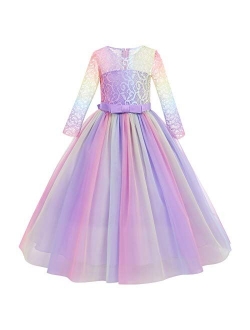 FYMNSI Flower Girls 3/4 Sleeve Lace Tulle Communion Pageant Dresses Princess Birthday Wedding Kids Prom Ball Gown