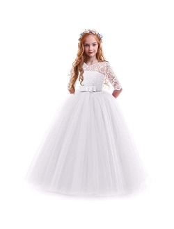 FYMNSI Flower Girls 3/4 Sleeve Lace Tulle Communion Pageant Dresses Princess Birthday Wedding Kids Prom Ball Gown