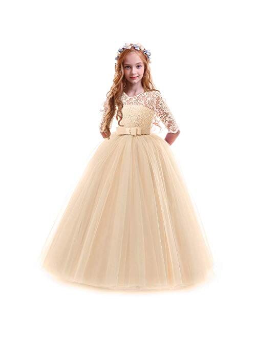 FYMNSI Flower Girls 3/4 Sleeve Lace Tulle Communion Pageant Dresses Princess Birthday Wedding Kids Prom Ball Gown