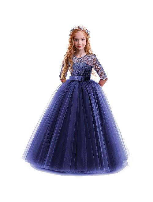 FYMNSI Flower Girls 3/4 Sleeve Lace Tulle Communion Pageant Dresses Princess Birthday Wedding Kids Prom Ball Gown