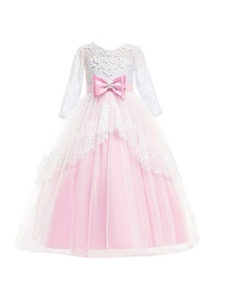 Girl Princess Christmas Flower Lace Pageant Dress Long Sleeves Communion Prom Floor Length Puffy Tulle Evening Dance Gown