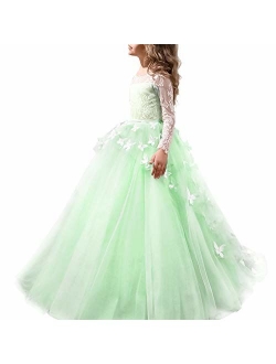 Girl Princess Christmas Flower Lace Pageant Dress Long Sleeves Communion Prom Floor Length Puffy Tulle Evening Dance Gown