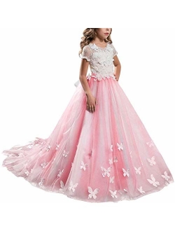 Girl Princess Christmas Flower Lace Pageant Dress Long Sleeves Communion Prom Floor Length Puffy Tulle Evening Dance Gown