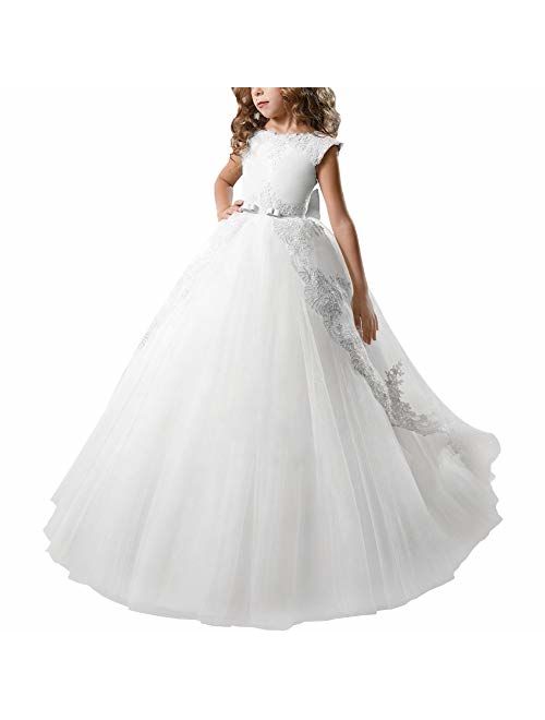 Girl Princess Christmas Flower Lace Pageant Dress Long Sleeves Communion Prom Floor Length Puffy Tulle Evening Dance Gown