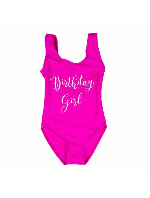 A Dash of Chic Little Girls Hot Pink Birthday Girl Swimsuit- Pink Bday Girl One Piece Swim Suit