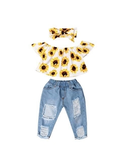 3Pcs Toddler Girl Sunflower Off Sloulder Top Ruffle Blouse + Blue Ripped Long Jeans + Yellow Bowknot Headband Sets