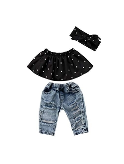 3Pcs Toddler Girl Sunflower Off Sloulder Top Ruffle Blouse + Blue Ripped Long Jeans + Yellow Bowknot Headband Sets