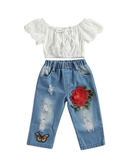 3Pcs Toddler Girl Sunflower Off Sloulder Top Ruffle Blouse + Blue Ripped Long Jeans + Yellow Bowknot Headband Sets