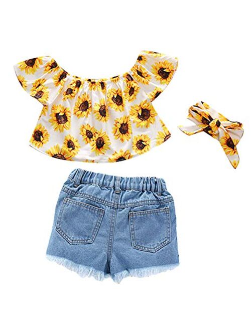 3Pcs Toddler Girl Sunflower Off Sloulder Top Ruffle Blouse + Blue Ripped Long Jeans + Yellow Bowknot Headband Sets