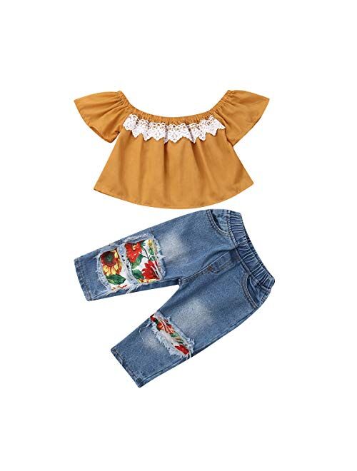 3Pcs Toddler Girl Sunflower Off Sloulder Top Ruffle Blouse + Blue Ripped Long Jeans + Yellow Bowknot Headband Sets