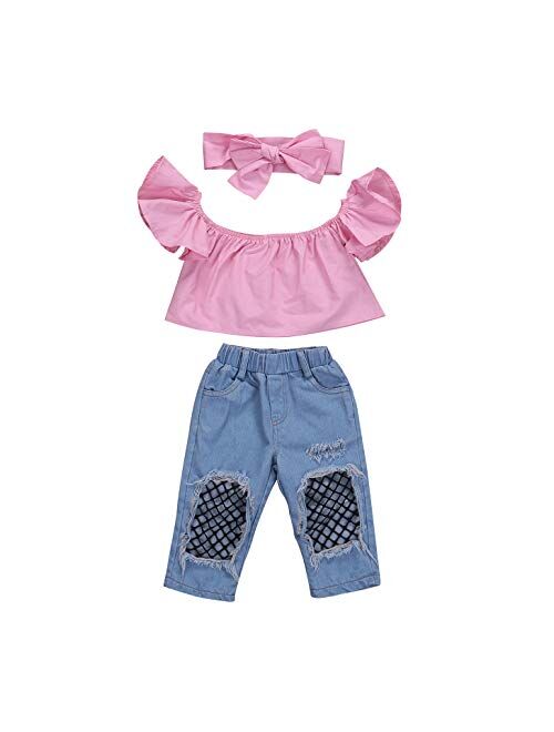 3Pcs Toddler Girl Sunflower Off Sloulder Top Ruffle Blouse + Blue Ripped Long Jeans + Yellow Bowknot Headband Sets